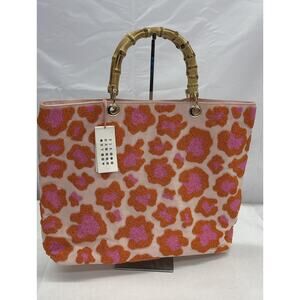 NWT Tiana NY Beaded Bamboo Handle Tote w/ Orange & Pink Beading & Gold Feet